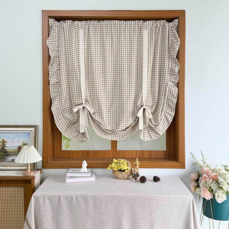 Gxi Khaki Checkered Sheer Curtain Tie Up Balloon Curtain for Kitchen Bathroom Rod Pocket Farmhouse Linen Voile Valance for Living Room Small Window 1 Panel Width 59 x 55 inches Length - Image 2
